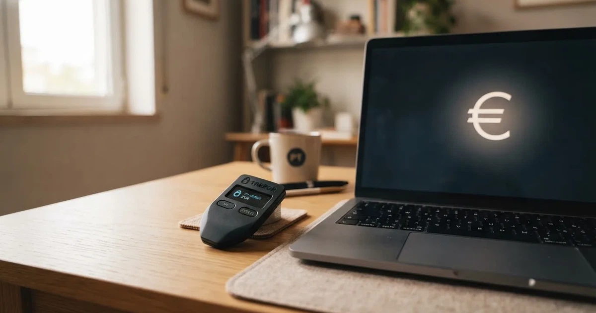 Carteira de hardware e computador portátil numa secretária, com luz suave — cassinos de criptomoedas pt