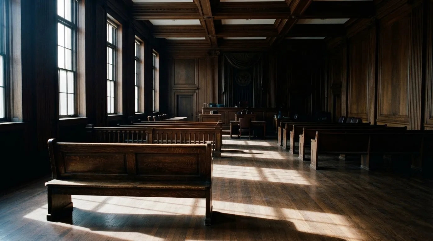 Sala de tribunal vazia com painéis de madeira, à luz da manhã — cassinos sem kyc em portugal