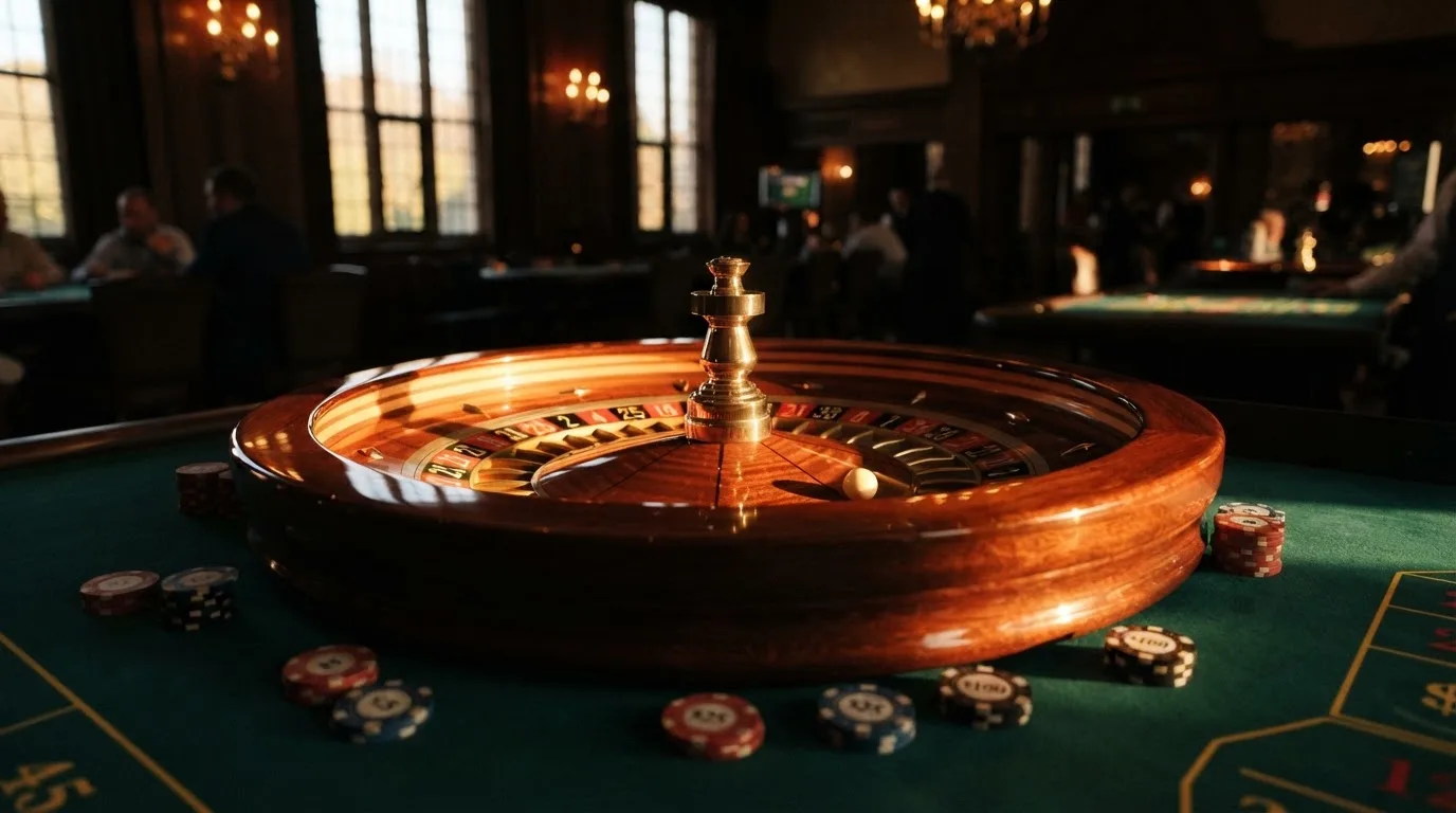 Roda de roleta e fichas sobre feltro verde, sob uma luz quente de fim de tarde — como jogar em casino pt