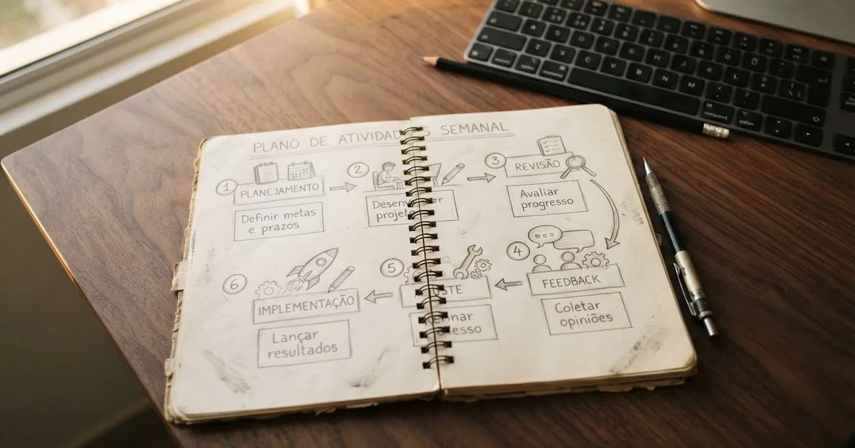 Caderno com um esboço passo a passo ao lado de um teclado — como jogar em casino pt