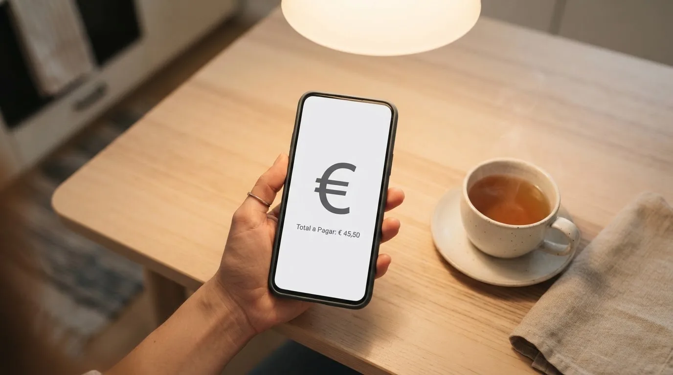 Mão a segurar um telemóvel ao lado de uma chávena de chá numa mesa de cozinha, numa noite tranquila — estoril casino em portugal