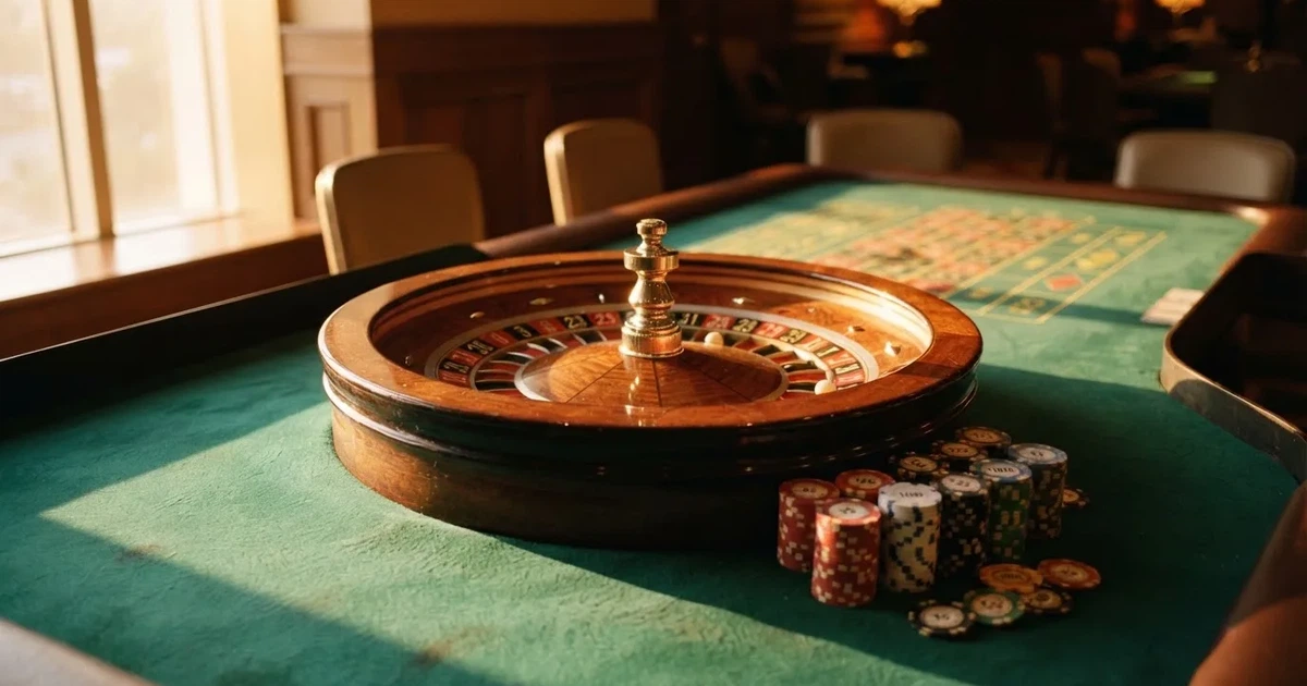 Roda de roleta e fichas sobre feltro verde, sob uma luz quente de fim de tarde — estoril casino em portugal