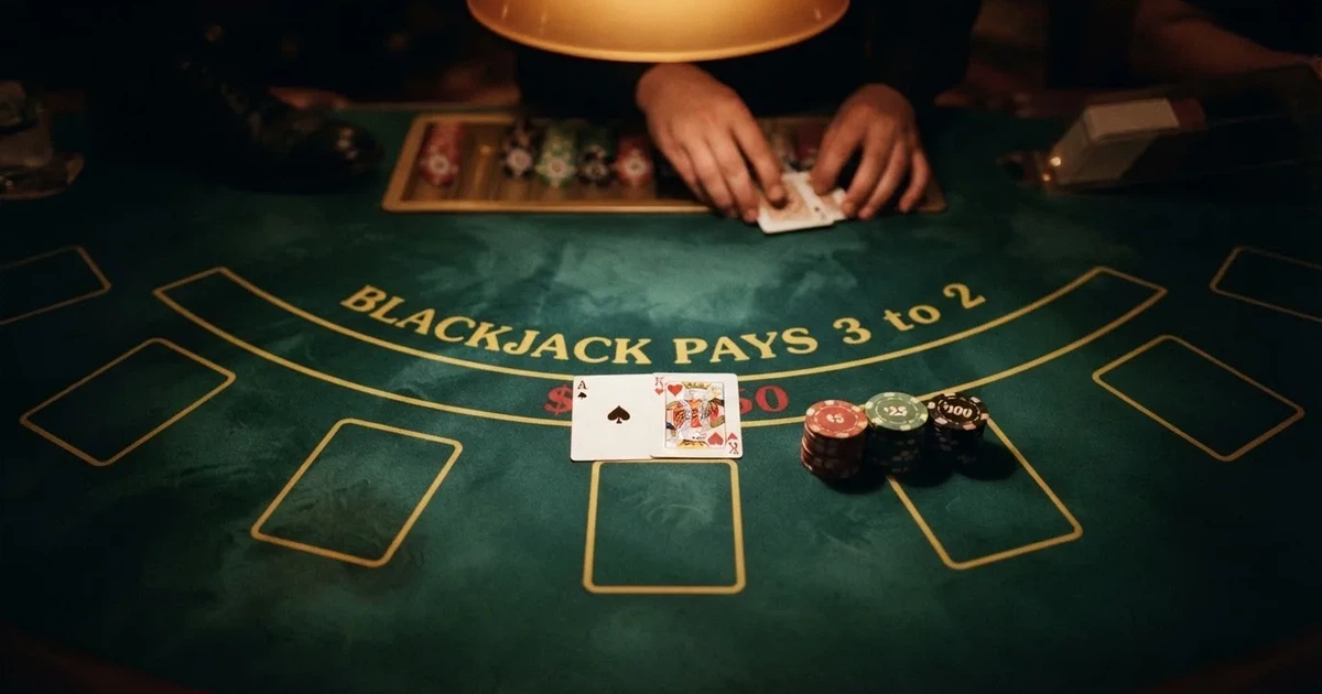 Mesa de jogo iluminada com cartas, vista de cima — estratégia de blackjack para portugueses