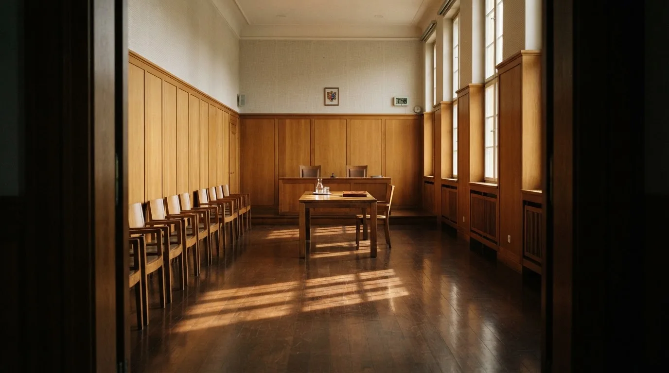 Sala de tribunal vazia com painéis de madeira, à luz da manhã — estratégia de roleta para portugueses
