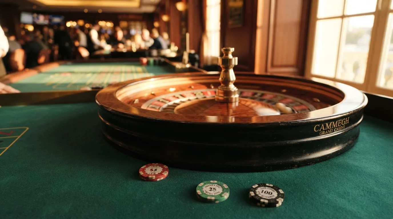 Roda de roleta e fichas sobre feltro verde, sob uma luz quente de fim de tarde — guias de casino para os portugueses