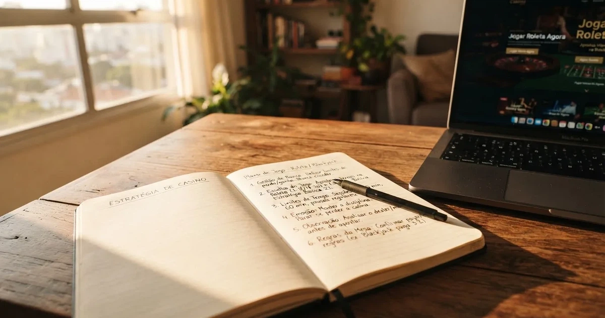 Caderno com um esboço passo a passo ao lado de um teclado — guias de casino para os portugueses
