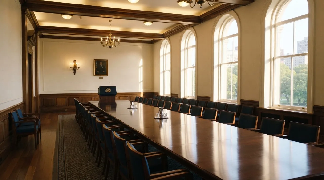 Sala de reuniões de um organismo público com mesa comprida, cadeiras alinhadas e janelas altas, sem pessoas, luz de manhã.