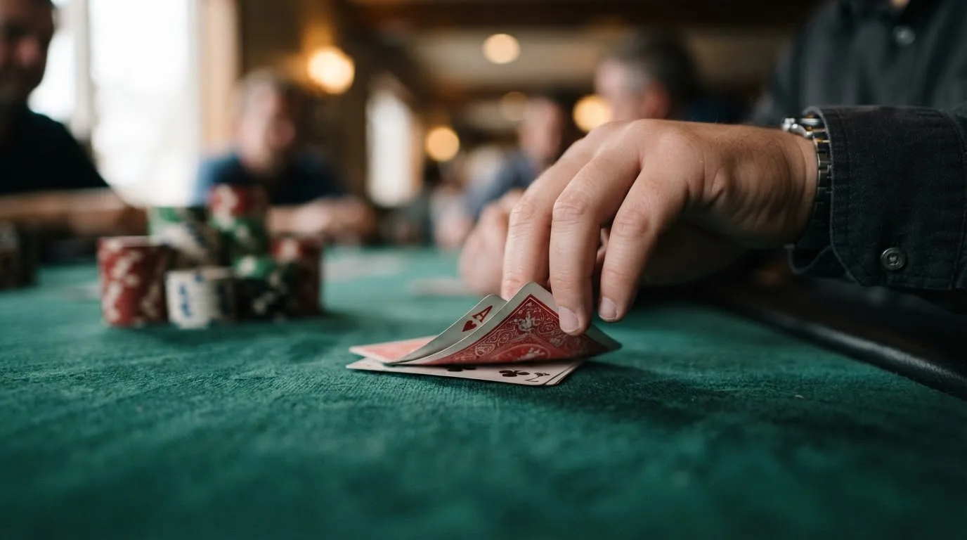 Mãos a espreitar duas cartas viradas para baixo numa mesa de feltro verde, com pilhas de fichas desfocadas ao lado.