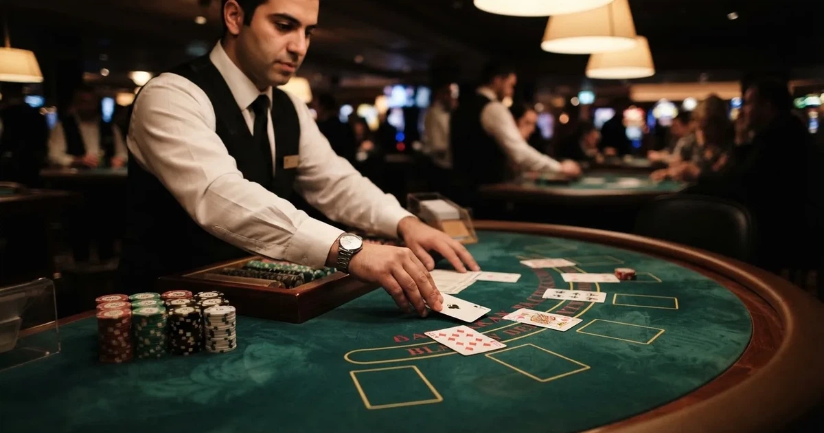 Croupier de colete preto a distribuir cartas numa mesa de blackjack semicircular, feltro verde, fichas empilhadas e iluminação baixa.