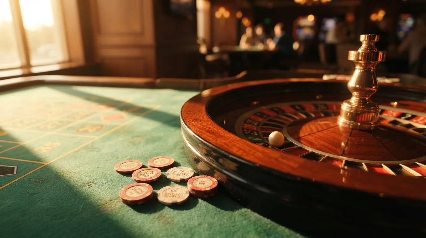 Roda de roleta e fichas sobre feltro verde, sob uma luz quente de fim de tarde — jogar no casino em portugal