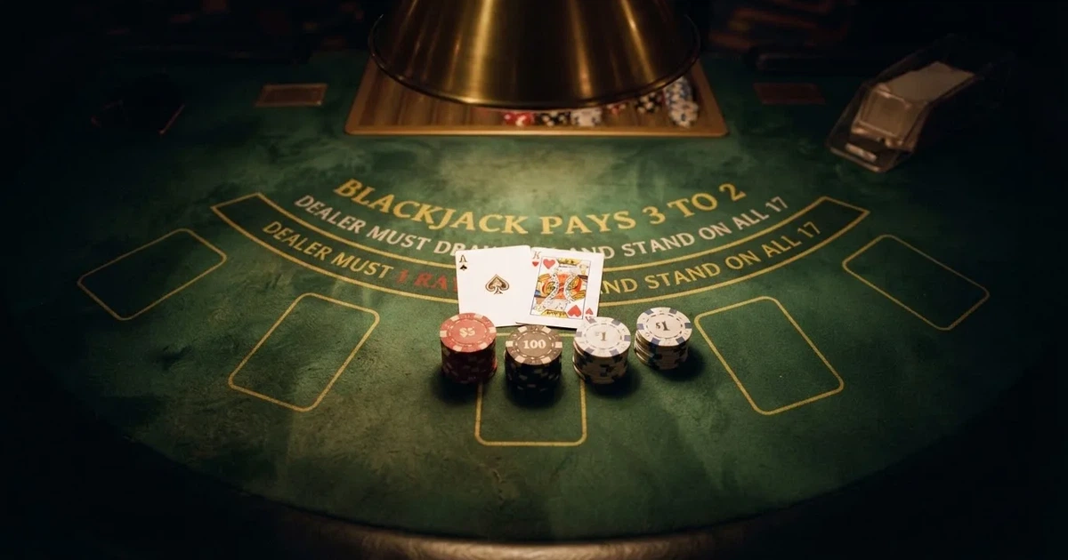 Mesa de jogo iluminada com cartas, vista de cima — jogar no casino em portugal