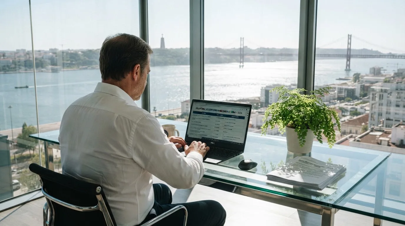 Profissional de um serviço público a trabalhar ao portátil numa sala de escritório moderna em Lisboa, com grandes janelas e vista para o rio Tejo.