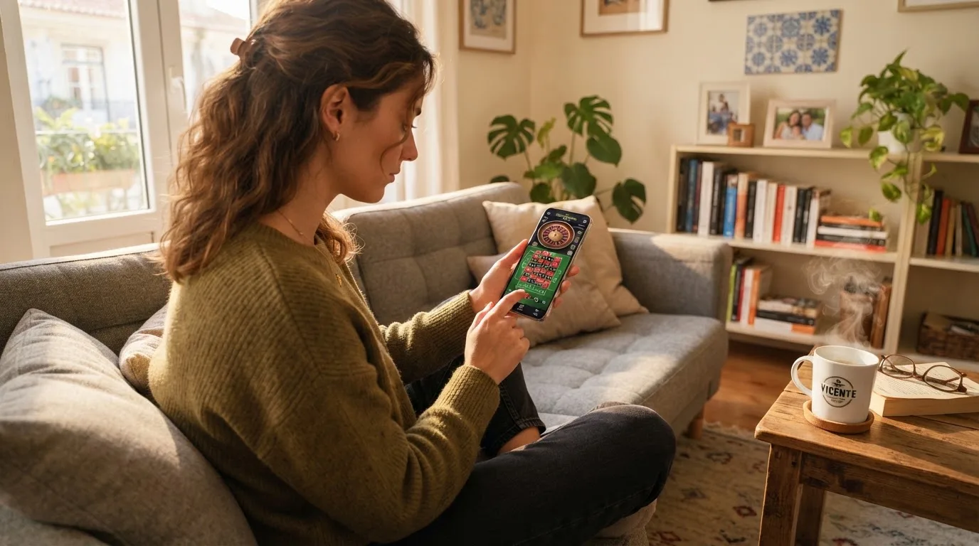 Mulher sentada num sofá a jogar roleta no telemóvel, com uma chávena de café na mesa e luz natural a entrar pela janela.