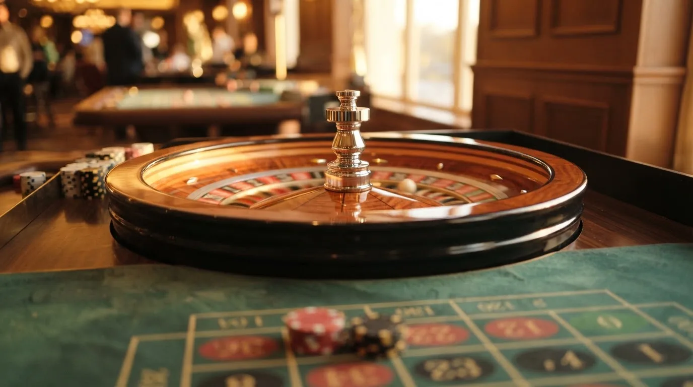 Roda de roleta e fichas sobre feltro verde, sob uma luz quente de fim de tarde — jogo de craps em portugal