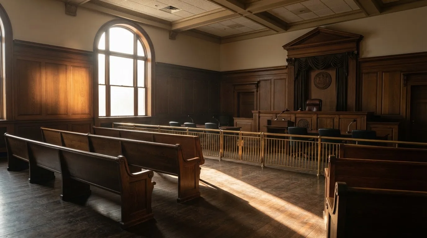 Sala de tribunal vazia com painéis de madeira, à luz da manhã — jogos de casino em portugal
