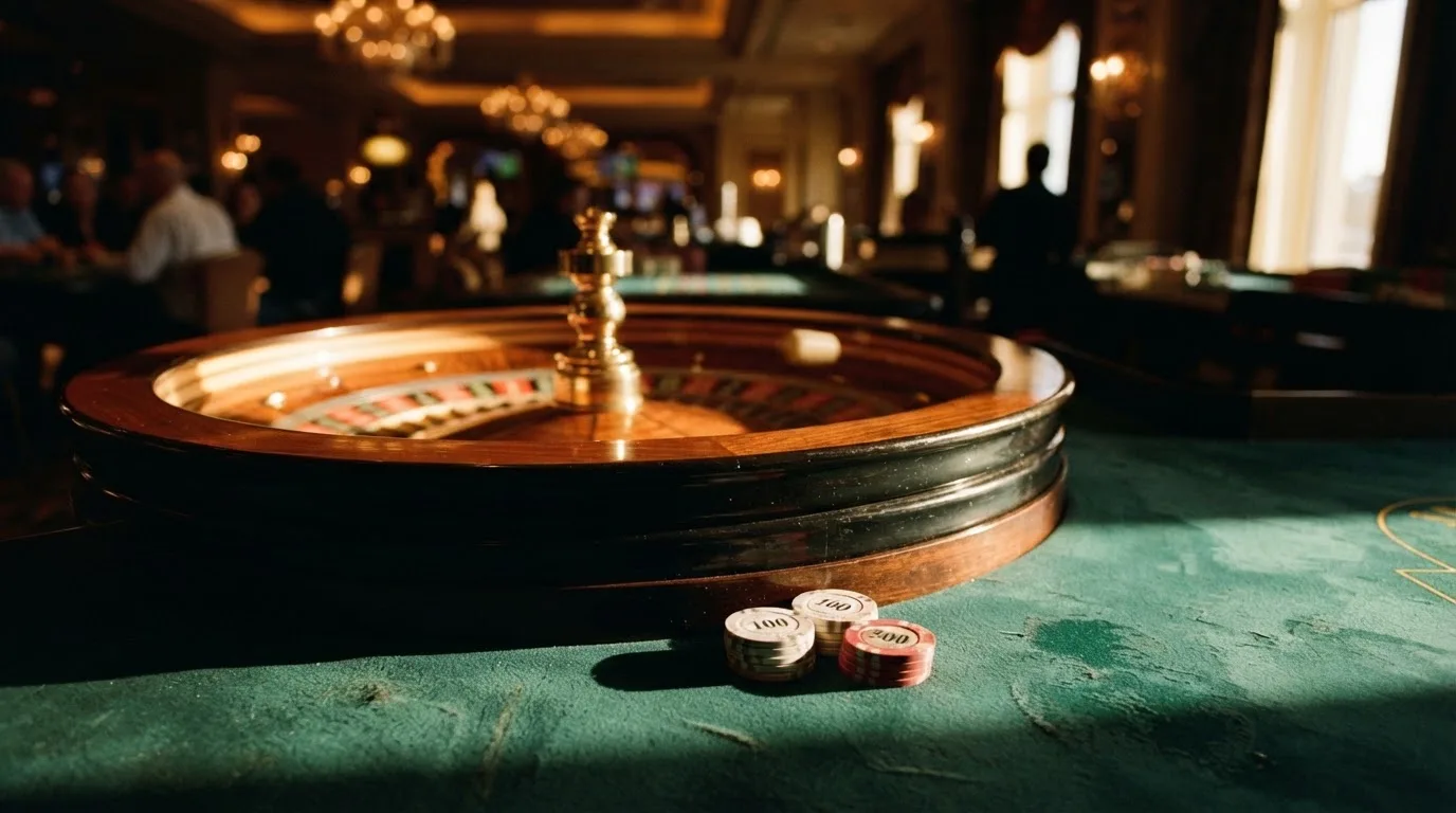 Roda de roleta e fichas sobre feltro verde, sob uma luz quente de fim de tarde — jogos de casino em portugal