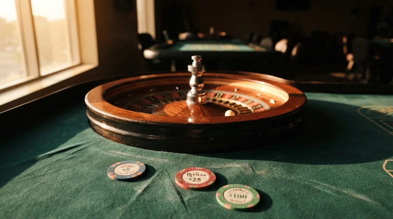 Roda de roleta e fichas sobre feltro verde, sob uma luz quente de fim de tarde — jogos de casino grátis pt