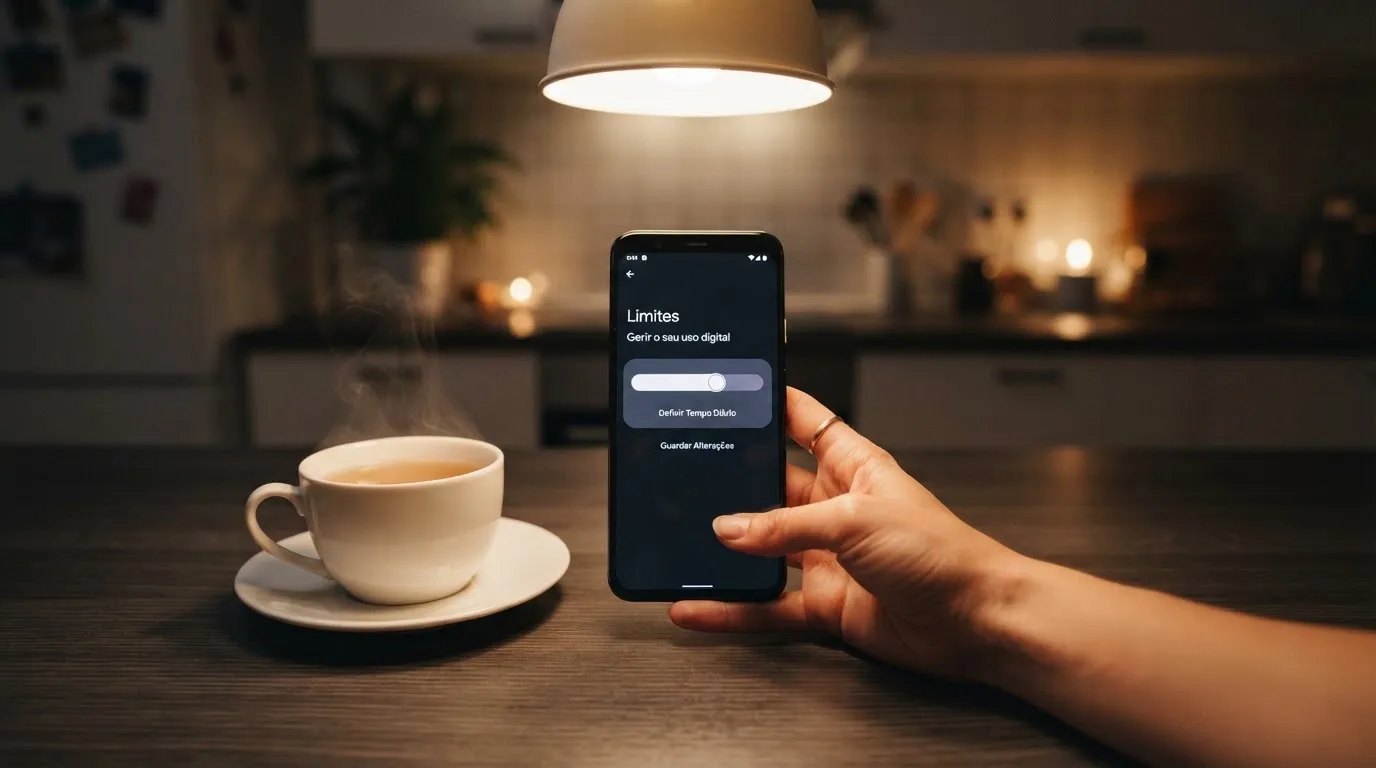Mão a segurar um telemóvel ao lado de uma chávena de chá numa mesa de cozinha, numa noite tranquila — jogos de casino online pt