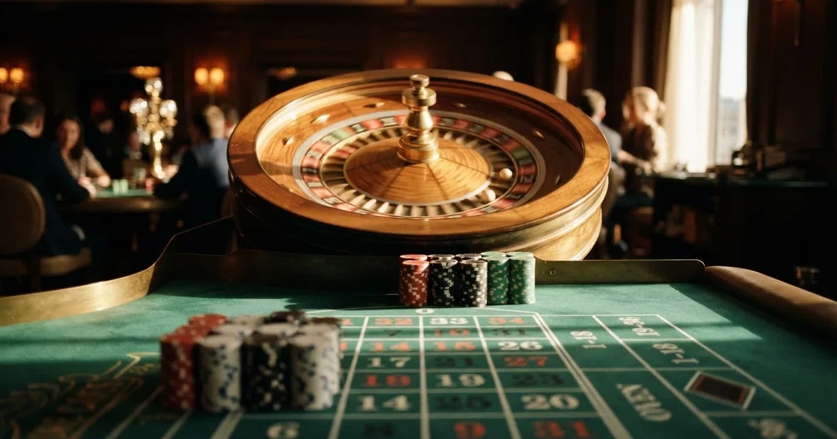 Roda de roleta e fichas sobre feltro verde, sob uma luz quente de fim de tarde — jogos de casino online pt
