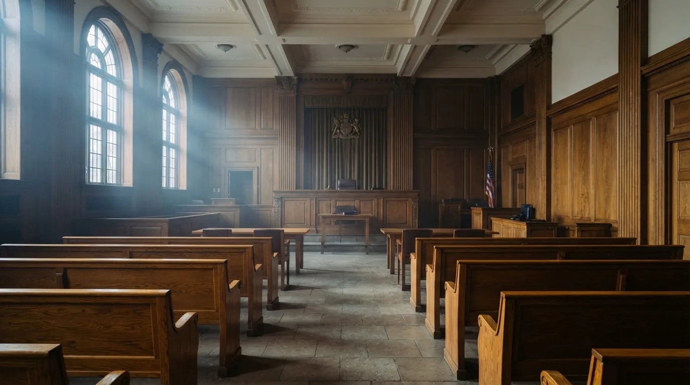 Sala de tribunal vazia com painéis de madeira, à luz da manhã — jogos de cassino em portugal