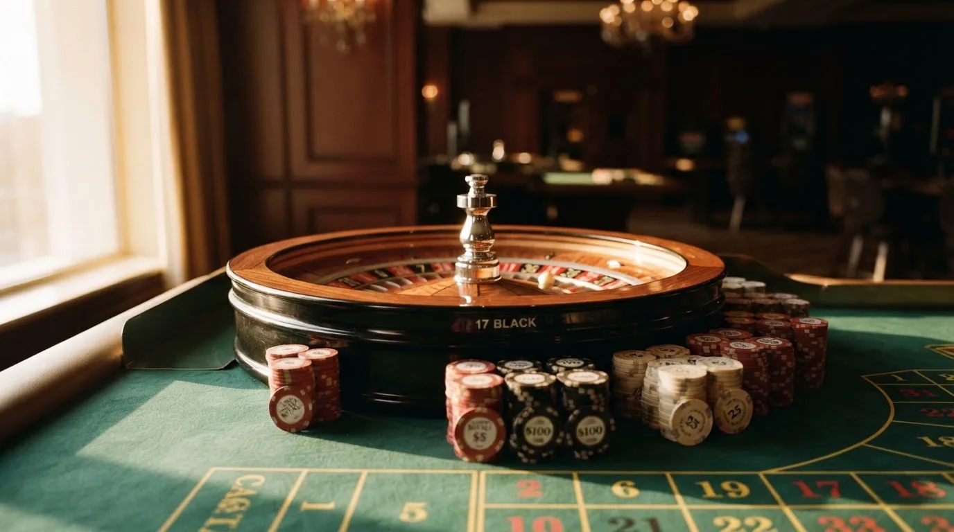 Roda de roleta e fichas sobre feltro verde, sob uma luz quente de fim de tarde — jogos de roleta em casino pt