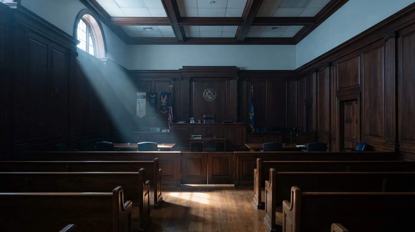 Sala de tribunal vazia com painéis de madeira, à luz da manhã — jogos de slots em portugal