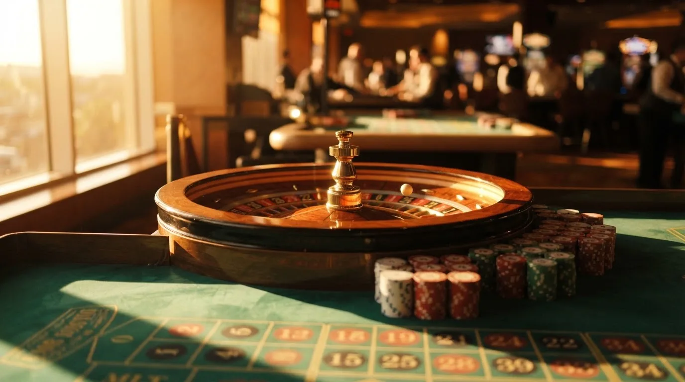 Roda de roleta e fichas sobre feltro verde, sob uma luz quente de fim de tarde — jogos de slots em portugal