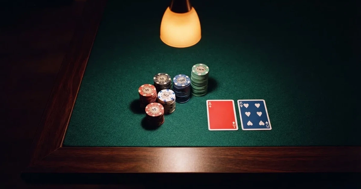 Mesa de jogo iluminada com cartas, vista de cima — jogos de slots em portugal
