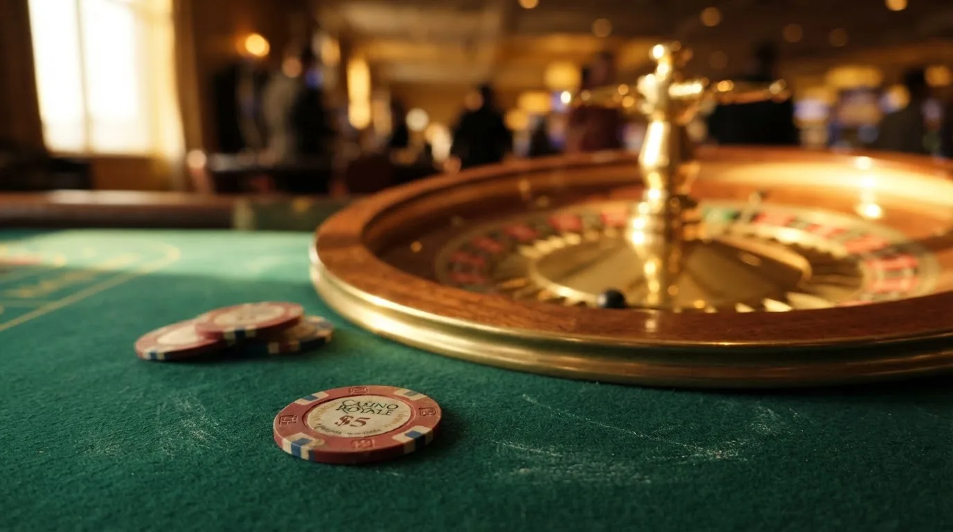 Roda de roleta e fichas sobre feltro verde, sob uma luz quente de fim de tarde — keno em cassino pt