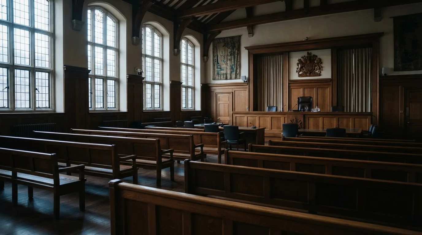 Sala de tribunal vazia com painéis de madeira, à luz da manhã — live casinos em portugal