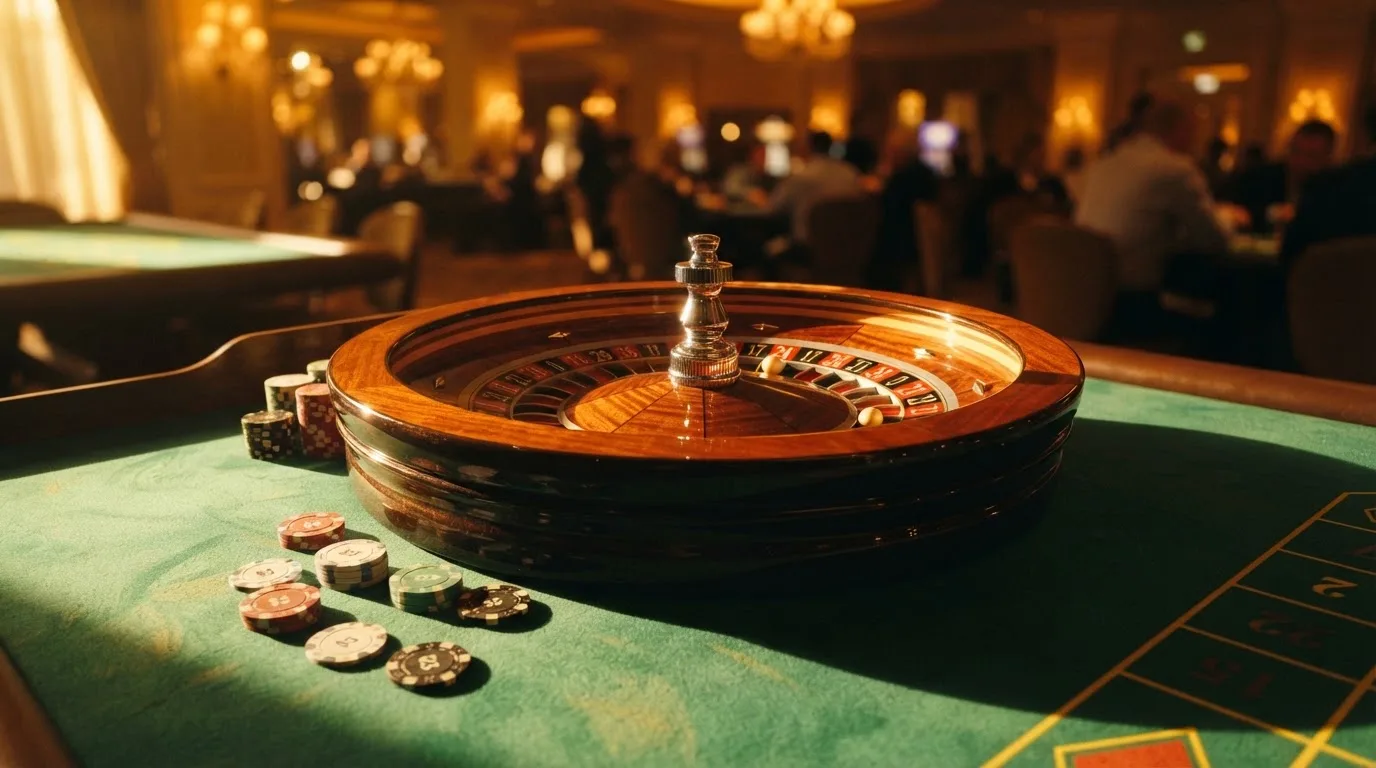 Roda de roleta e fichas sobre feltro verde, sob uma luz quente de fim de tarde — live casinos em portugal