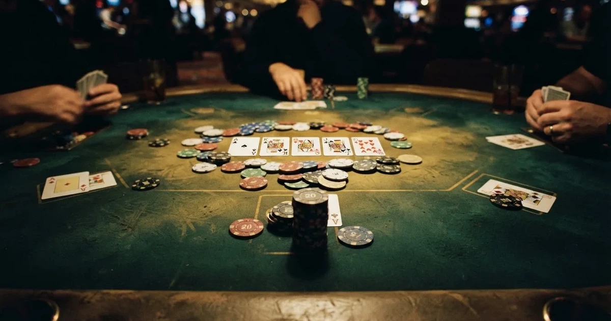 Mesa de jogo iluminada com cartas, vista de cima — live casinos em portugal