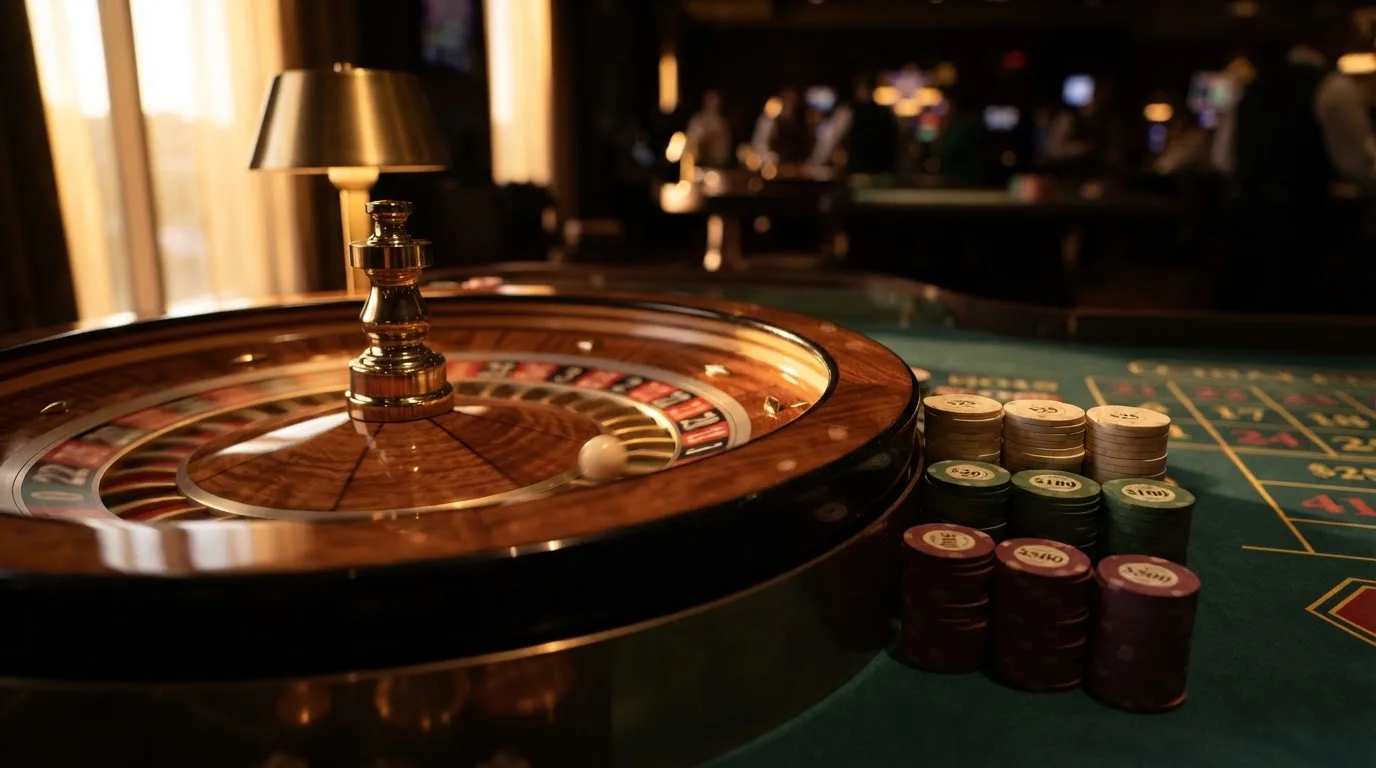 Roda de roleta e fichas sobre feltro verde, sob uma luz quente de fim de tarde — máquinas de casino em portugal