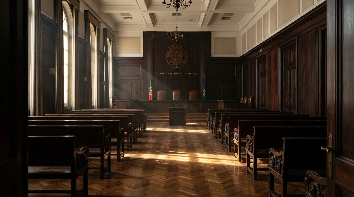 Sala de tribunal vazia com painéis de madeira, à luz da manhã — melhor blackjack em portugal