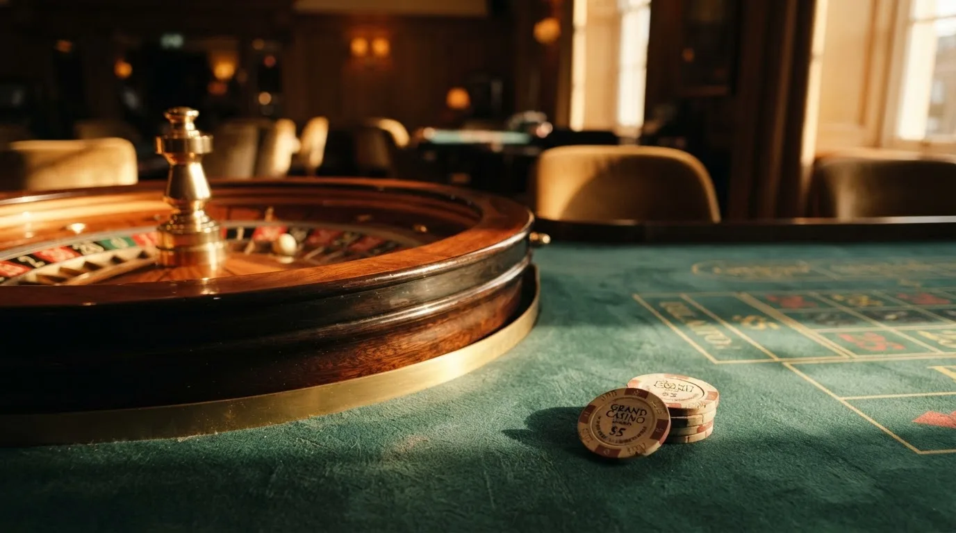 Roda de roleta e fichas sobre feltro verde, sob uma luz quente de fim de tarde — melhor blackjack em portugal