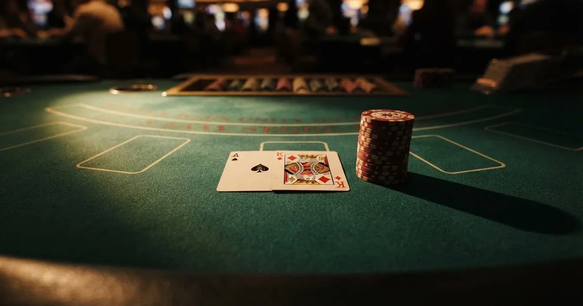 Mesa de jogo iluminada com cartas, vista de cima — melhor blackjack em portugal