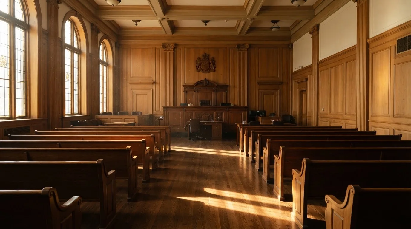 Sala de tribunal vazia com painéis de madeira, à luz da manhã — melhor roleta em portugal