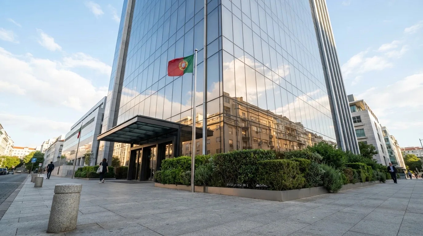 Edifício de escritórios de um organismo público em Lisboa, visto da rua, com vidros espelhados a refletir o céu e uma bandeira.