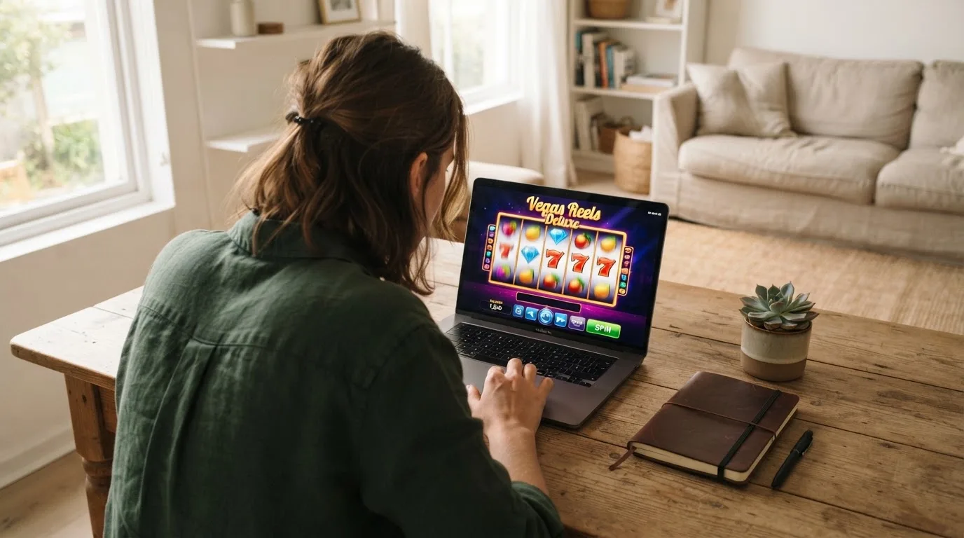 Pessoa a explorar um casino online no portátil numa mesa de sala, com bloco de notas fechado e uma planta ao lado.