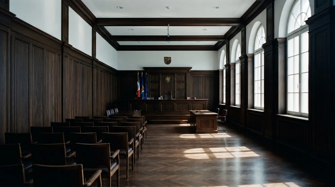 Sala de tribunal vazia com painéis de madeira, à luz da manhã — melhores cassinos em portugal