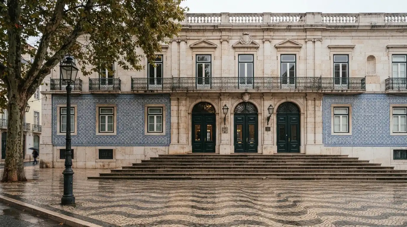Fachada de um edifício oficial lisboeta com azulejos e portas altas, rua em calçada portuguesa e um candeeiro antigo.