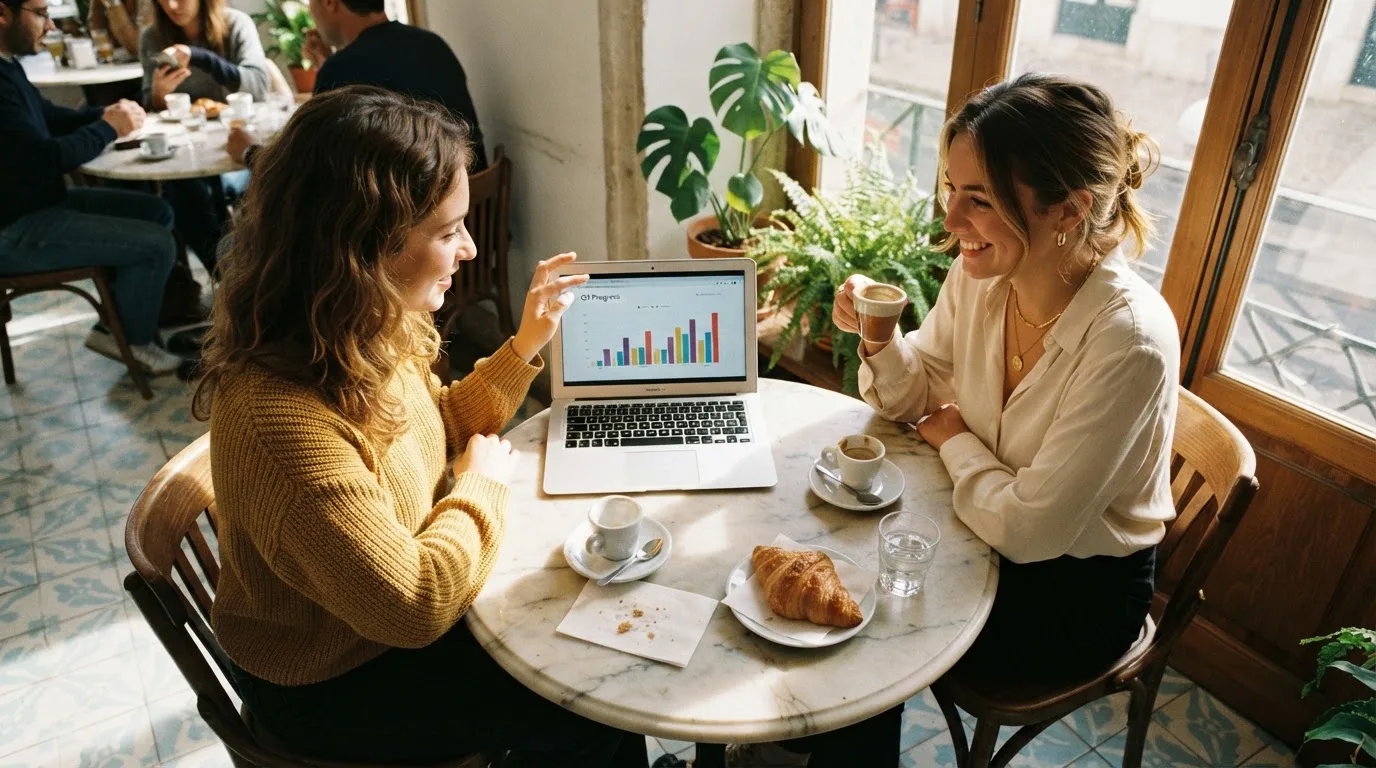 Duas pessoas a comparar opções à mesa de um café, com portátil aberto e dois cafés, luz natural de janela.