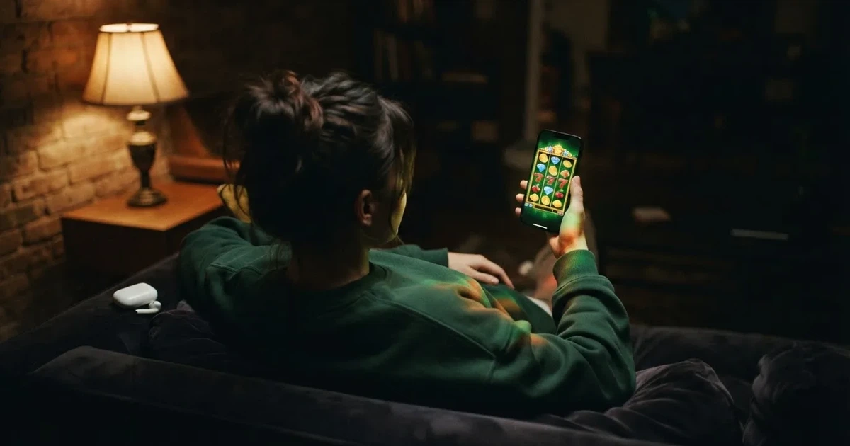Jovem a deslizar o dedo num telemóvel, com rolos coloridos de uma máquina desfocados ao fundo, ambiente noturno e luzes quentes.