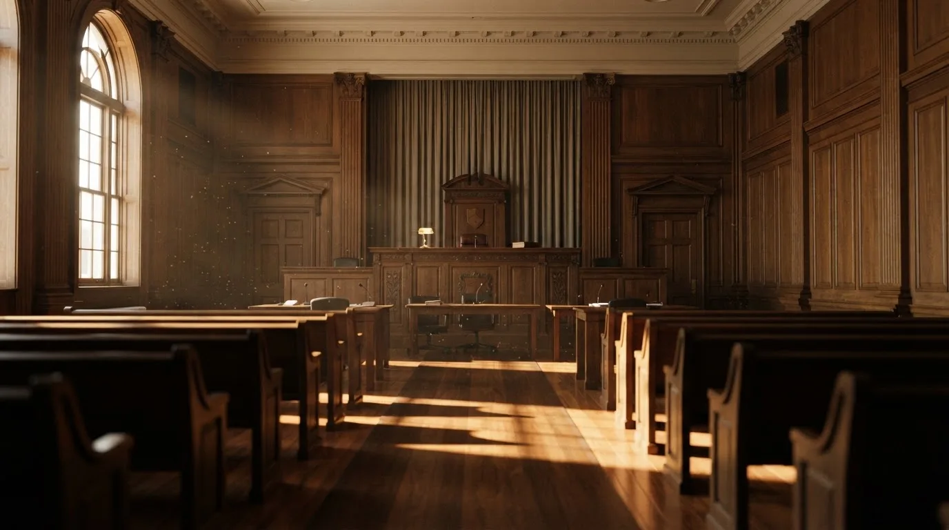 Sala de tribunal vazia com painéis de madeira, à luz da manhã — mesas de casino em portugal