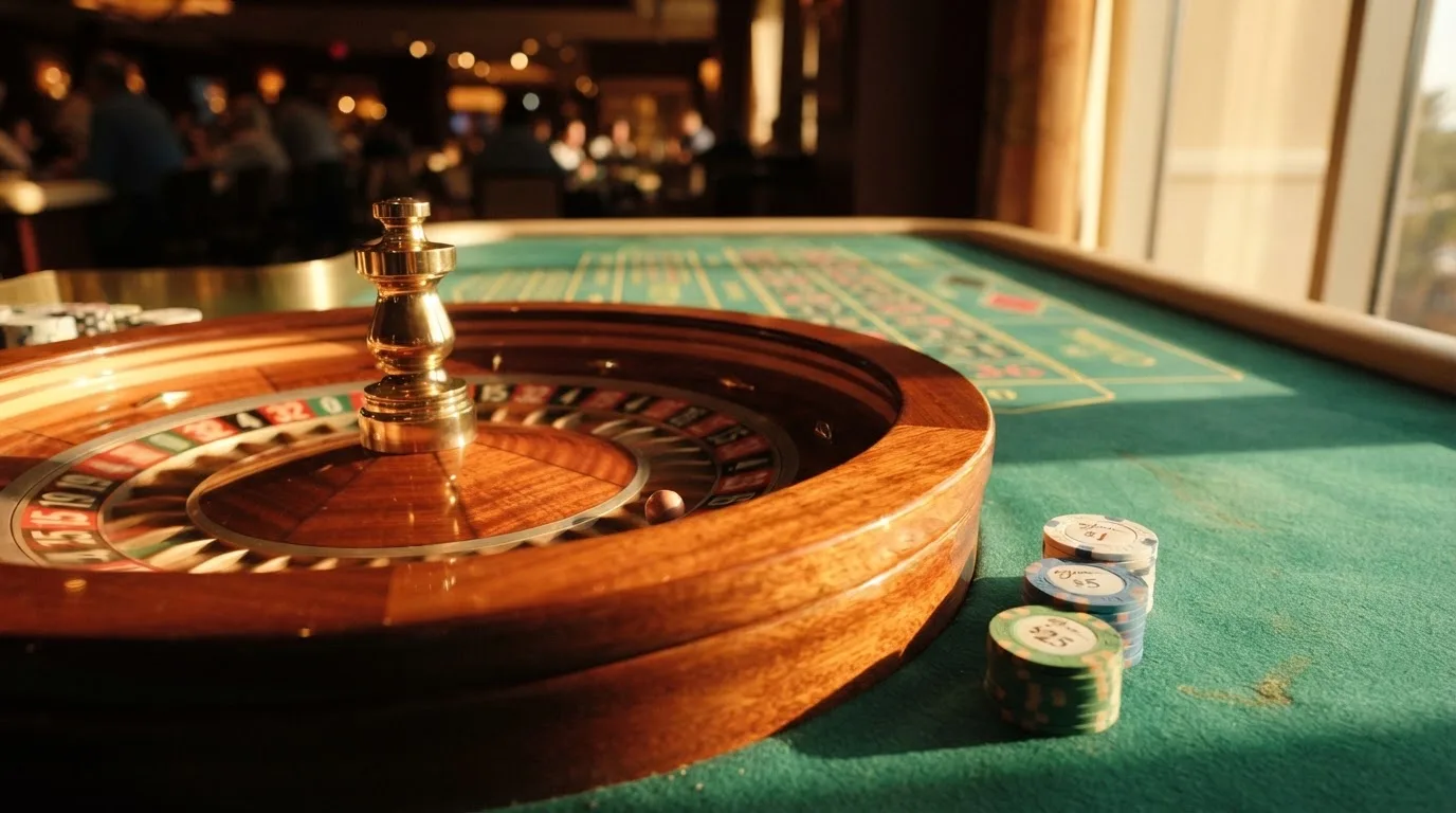Roda de roleta e fichas sobre feltro verde, sob uma luz quente de fim de tarde — mesas de casino em portugal