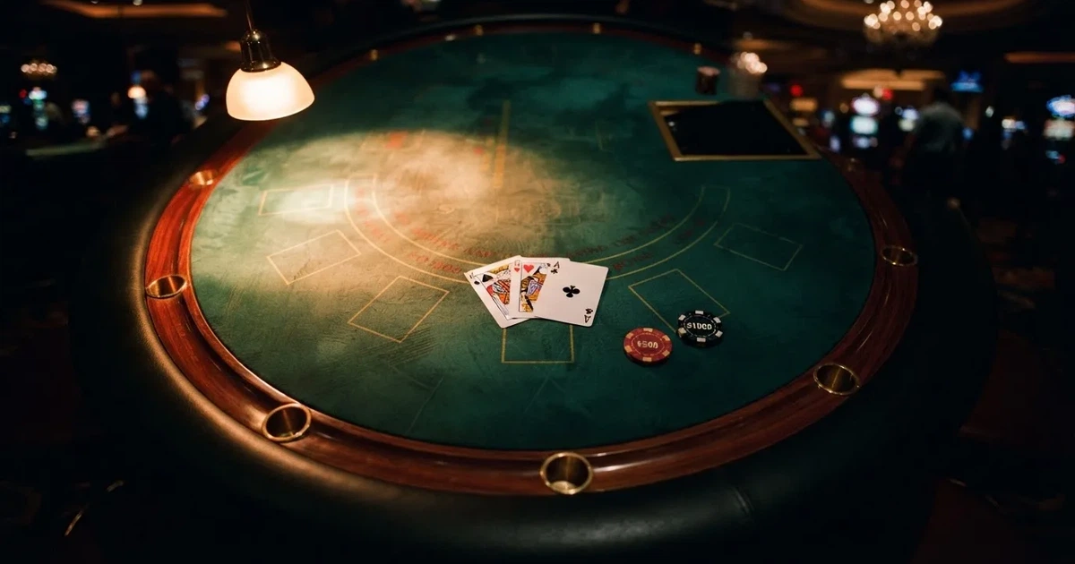 Mesa de jogo iluminada com cartas, vista de cima — mesas de casino em portugal