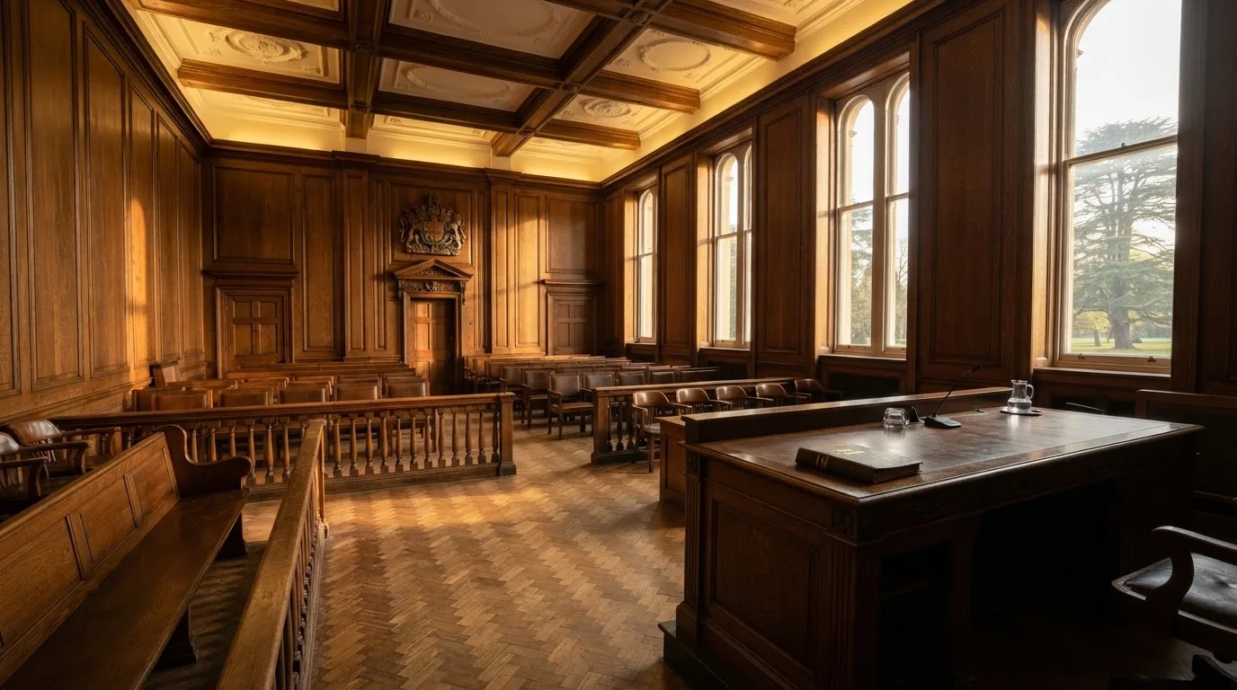 Sala de tribunal vazia com painéis de madeira, à luz da manhã — novo casino em portugal