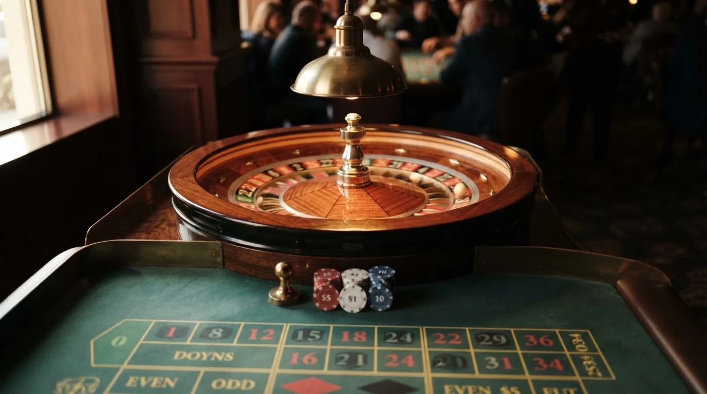 Roda de roleta e fichas sobre feltro verde, sob uma luz quente de fim de tarde — novo casino em portugal