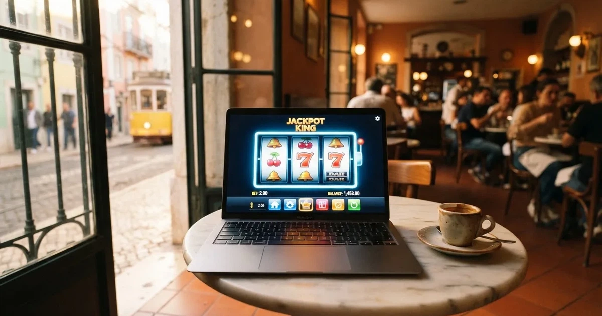 Computador portátil numa mesa de café junto a uma janela virada para a rua — novo casino em portugal