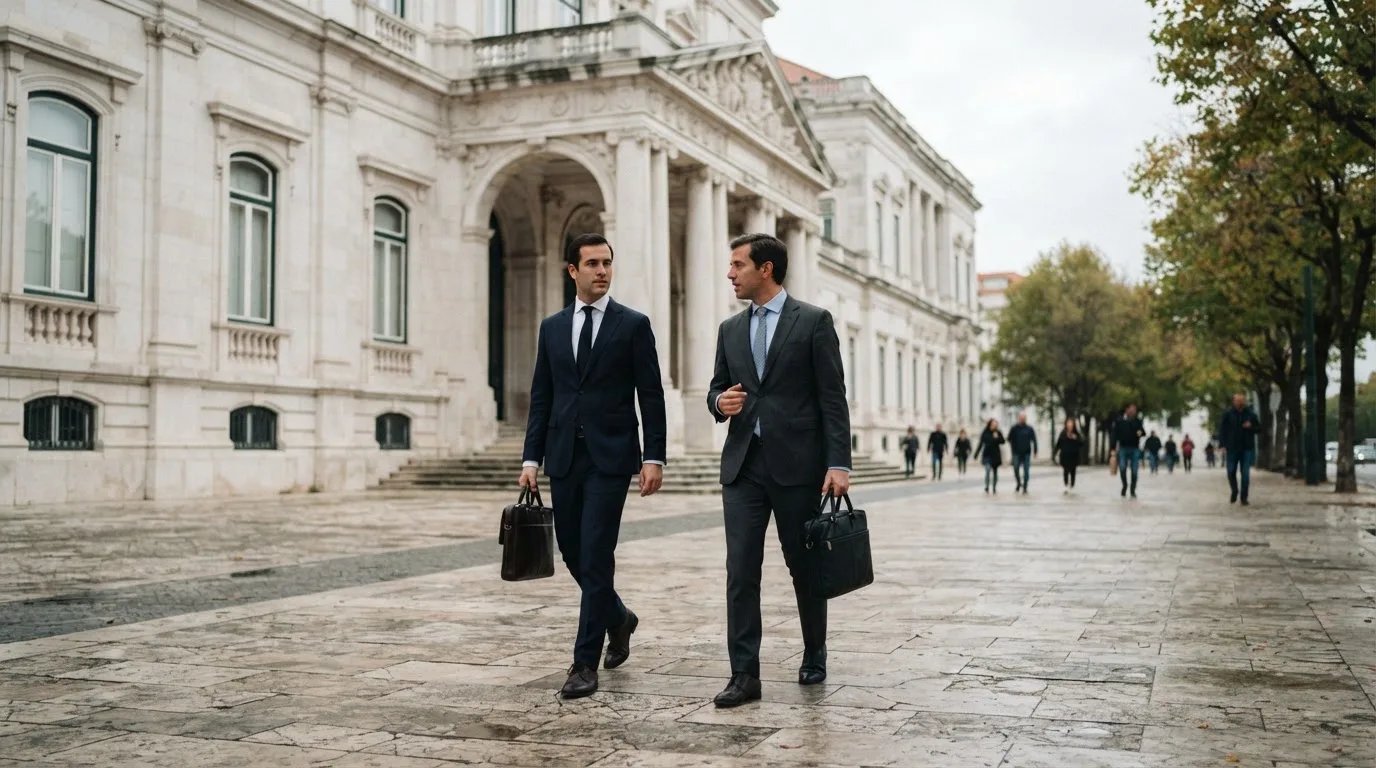 Pessoas de fato a caminhar à frente de um edifício de serviços públicos em Lisboa, com pasta na mão e céu nublado.